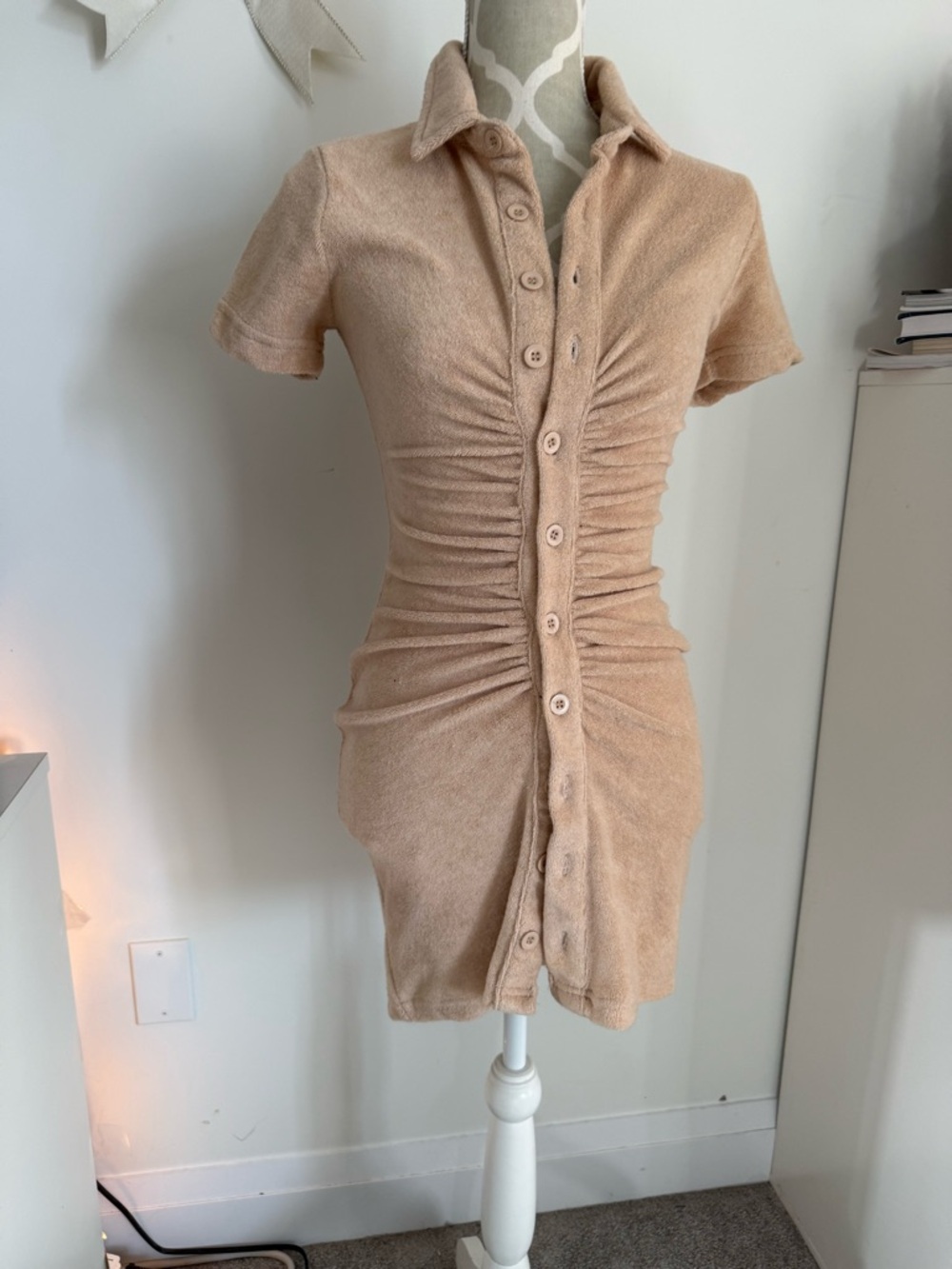 Beige Ruched Button-Front Short Sleeve Dress